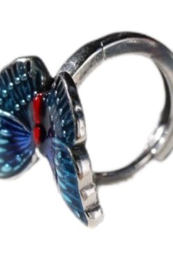 Vintage Blue Sterling Silver Butterfly Cloisonne Hoop Earrings
