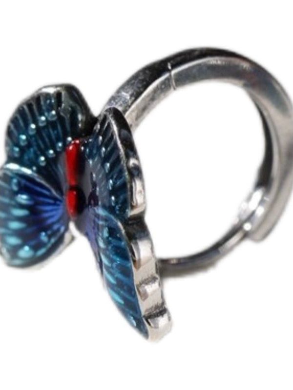 Vintage Blue Sterling Silver Butterfly Cloisonne Hoop Earrings