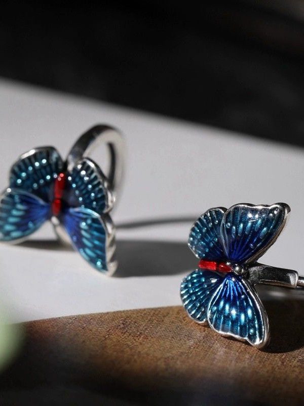 Vintage Blue Sterling Silver Butterfly Cloisonne Hoop Earrings