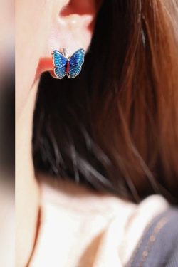 Vintage Blue Sterling Silver Butterfly Cloisonne Hoop Earrings