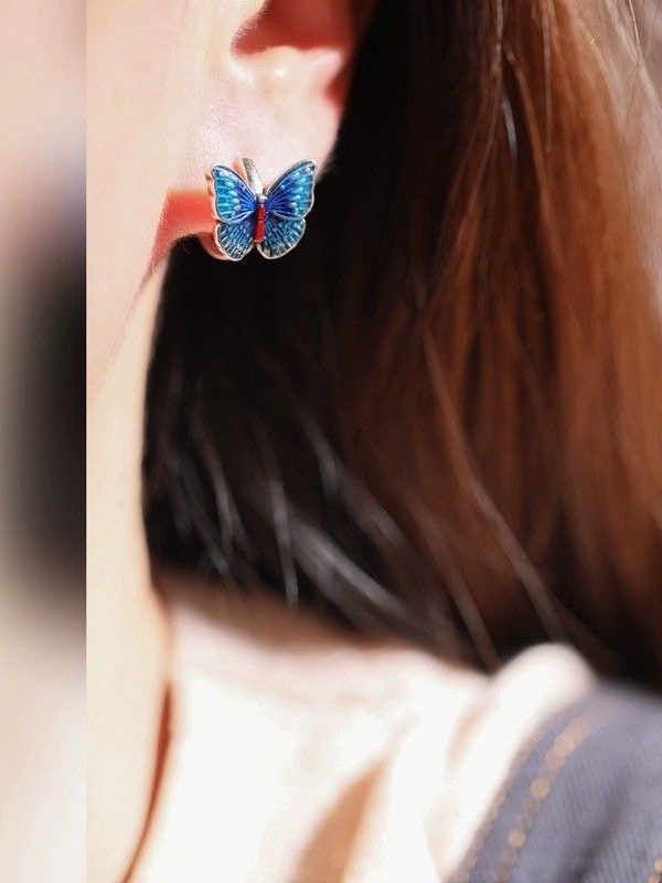 Vintage Blue Sterling Silver Butterfly Cloisonne Hoop Earrings