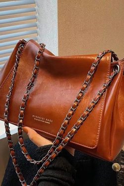 Vintage Brown Chain Linked Faux Leather Tote Handbag