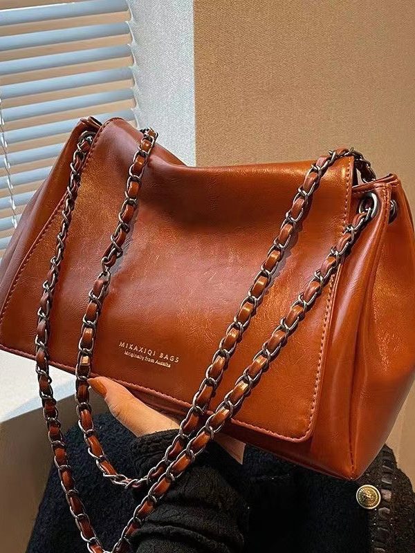 Vintage Brown Chain Linked Faux Leather Tote Handbag