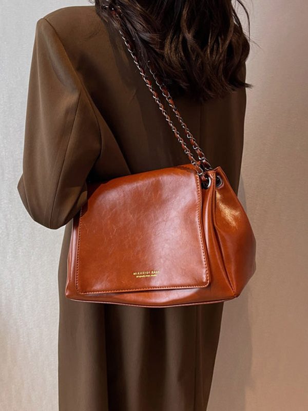 Vintage Brown Chain Linked Faux Leather Tote Handbag