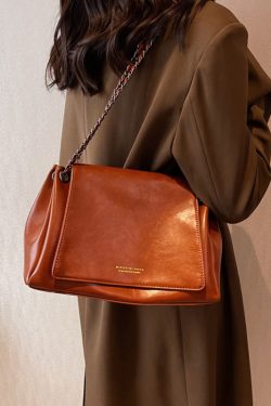 Vintage Brown Chain Linked Faux Leather Tote Handbag