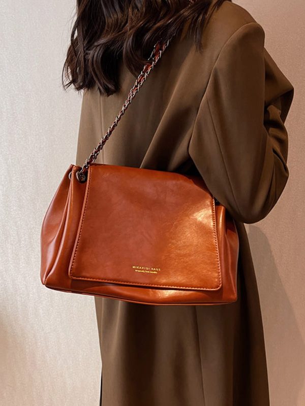 Vintage Brown Chain Linked Faux Leather Tote Handbag