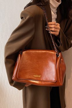 Vintage Brown Chain Linked Faux Leather Tote Handbag