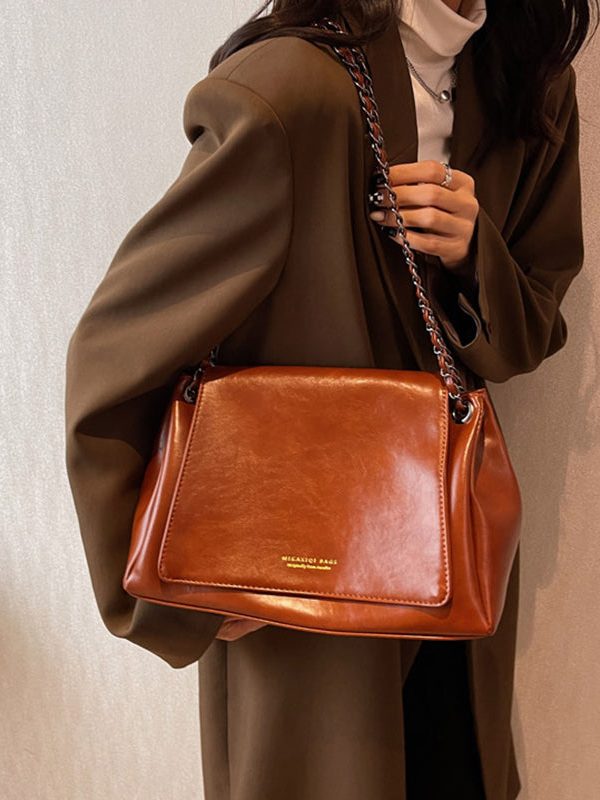 Vintage Brown Chain Linked Faux Leather Tote Handbag