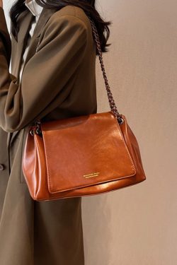 Vintage Brown Chain Linked Faux Leather Tote Handbag