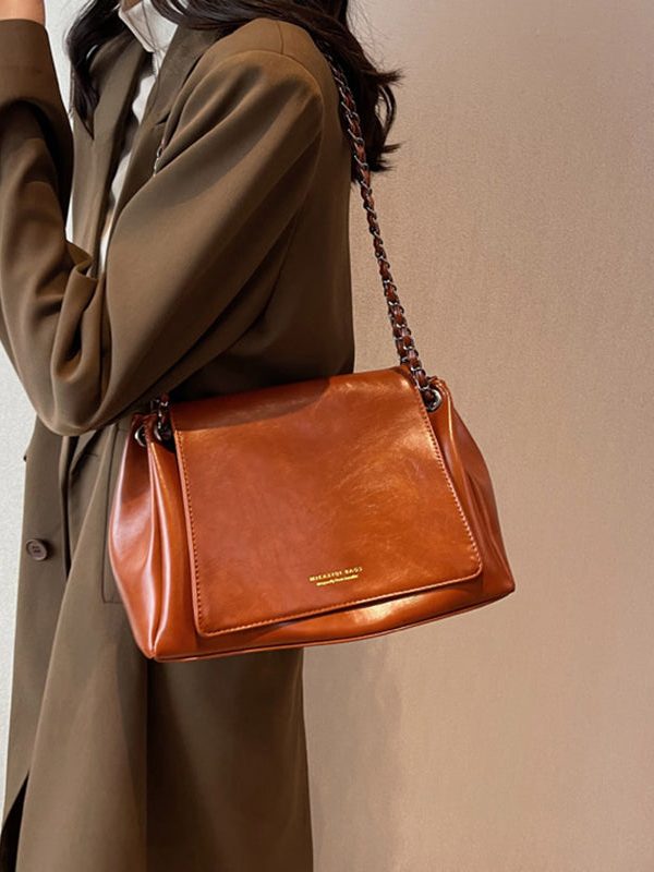 Vintage Brown Chain Linked Faux Leather Tote Handbag