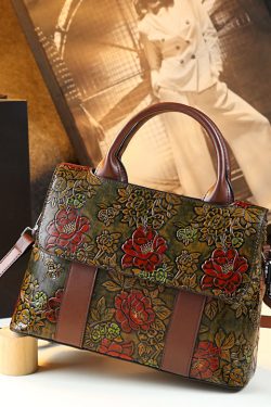 Vintage Brown Flower Embossed Solid Durable Women Handbags