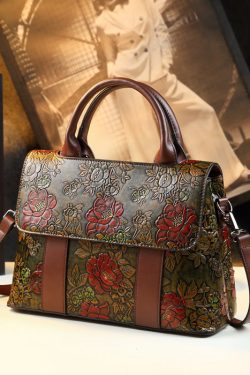 Vintage Brown Flower Embossed Solid Durable Women Handbags
