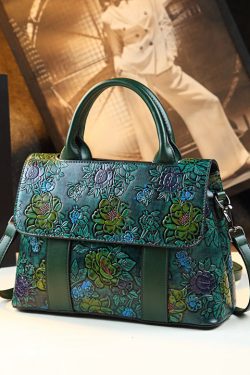 Vintage Brown Flower Embossed Solid Durable Women Handbags