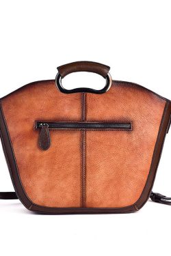 Vintage Brown Flower Jacquard Calf Leather Tote Handbag