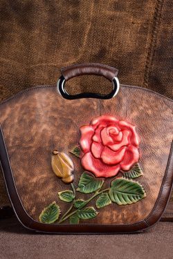 Vintage Brown Flower Jacquard Calf Leather Tote Handbag