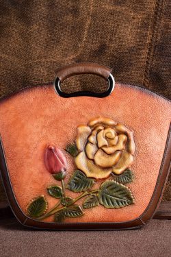 Vintage Brown Flower Jacquard Calf Leather Tote Handbag