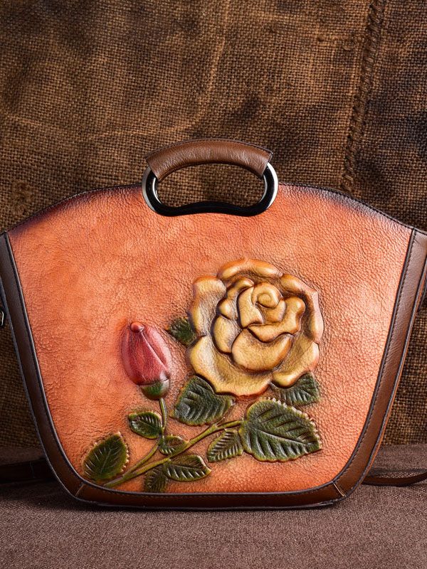 Vintage Brown Flower Jacquard Calf Leather Tote Handbag