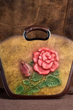 Vintage Brown Flower Jacquard Calf Leather Tote Handbag