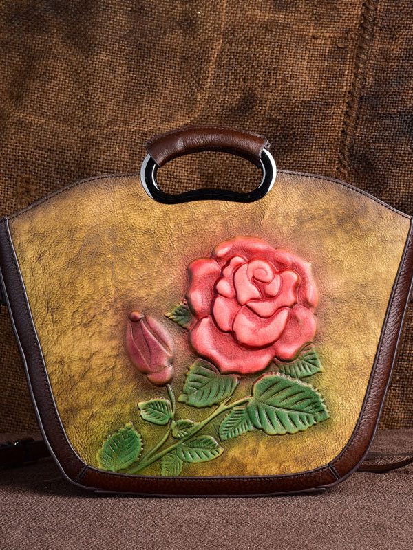 Vintage Brown Flower Jacquard Calf Leather Tote Handbag