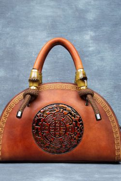 Vintage Brown Jacquard Calf Leather Tote Handbag