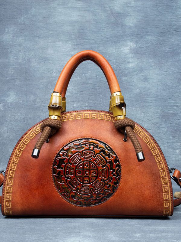 Vintage Brown Jacquard Calf Leather Tote Handbag