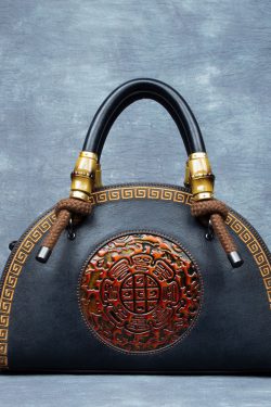 Vintage Brown Jacquard Calf Leather Tote Handbag