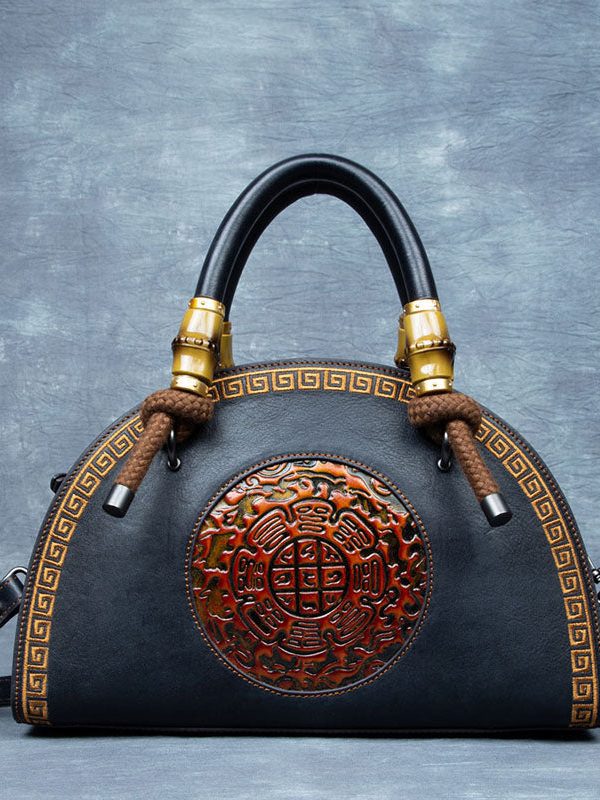 Vintage Brown Jacquard Calf Leather Tote Handbag