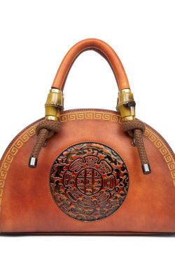 Vintage Brown Jacquard Calf Leather Tote Handbag