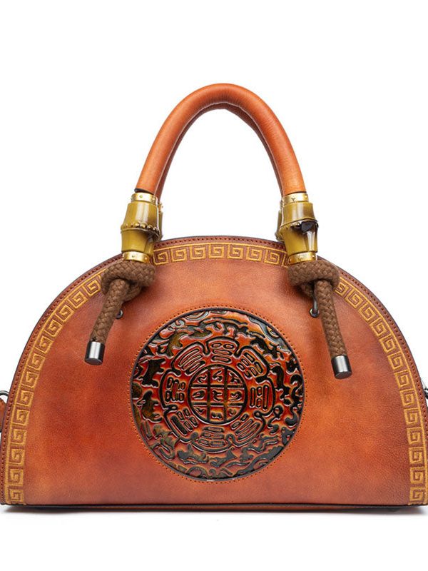 Vintage Brown Jacquard Calf Leather Tote Handbag