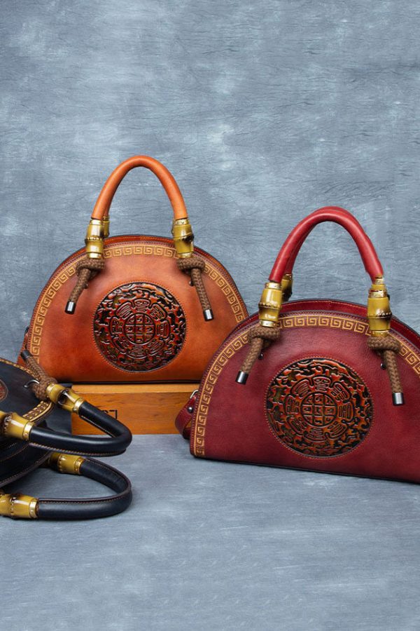 Vintage Brown Jacquard Calf Leather Tote Handbag