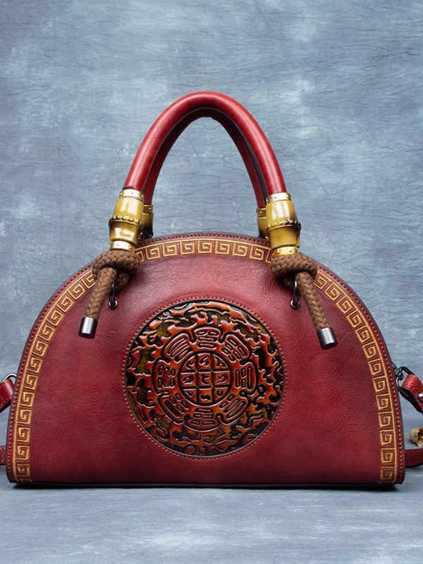 Vintage Brown Jacquard Calf Leather Tote Handbag