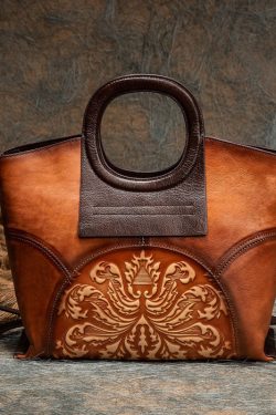 Vintage Brown Jacquard Patchwork Calf Leather Tote Handbag