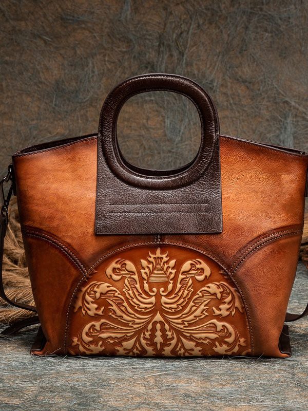 Vintage Brown Jacquard Patchwork Calf Leather Tote Handbag