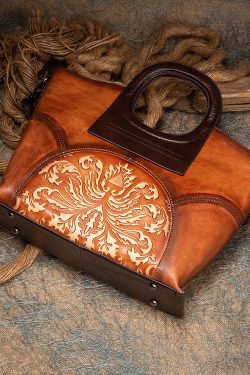 Vintage Brown Jacquard Patchwork Calf Leather Tote Handbag