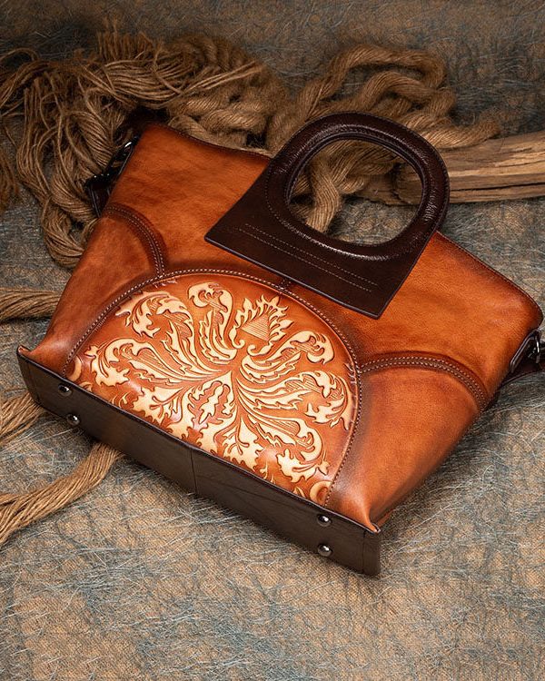 Vintage Brown Jacquard Patchwork Calf Leather Tote Handbag