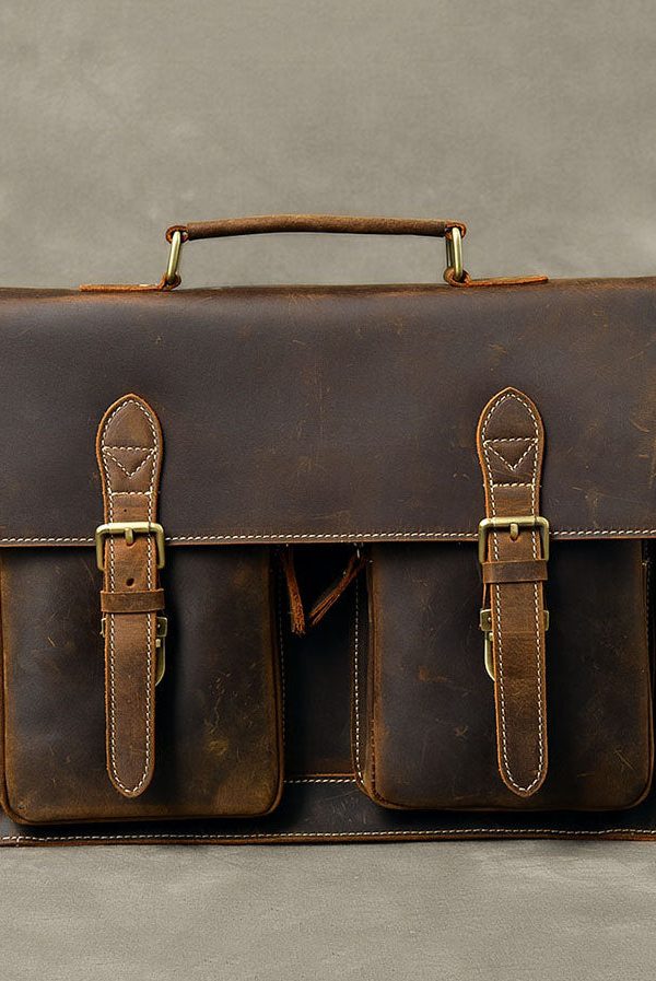 Vintage Brown Postman Pockets Fine Calf Leather Man's Tote Handbag