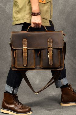 Vintage Brown Postman Pockets Fine Calf Leather Man's Tote Handbag