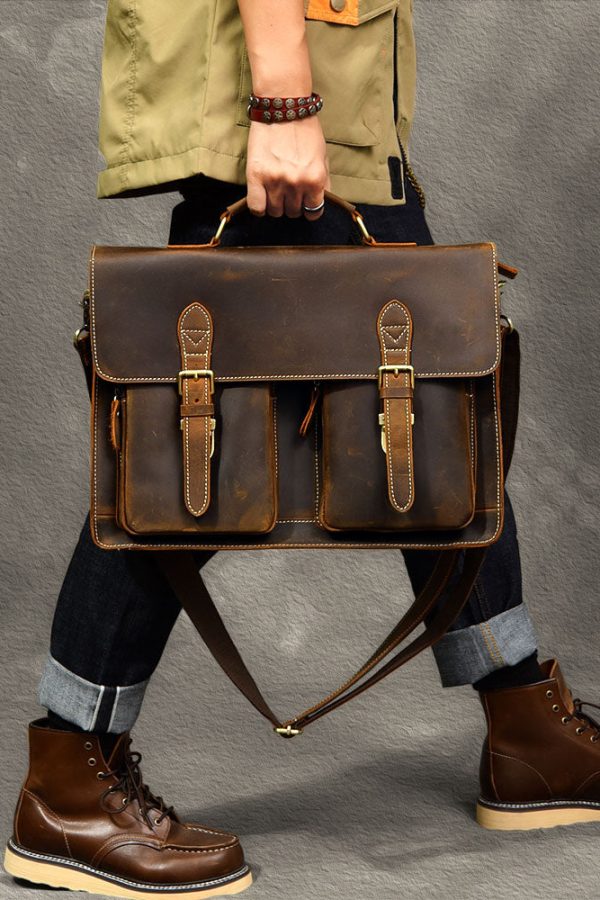 Vintage Brown Postman Pockets Fine Calf Leather Man's Tote Handbag