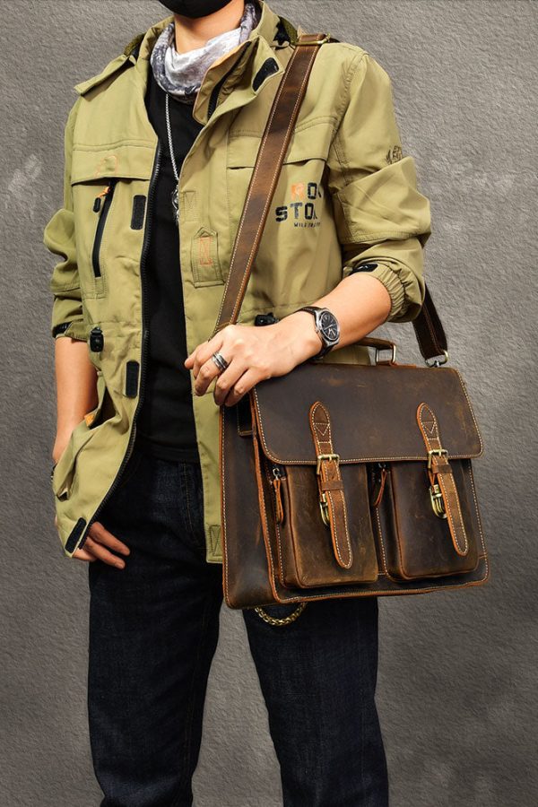 Vintage Brown Postman Pockets Fine Calf Leather Man's Tote Handbag