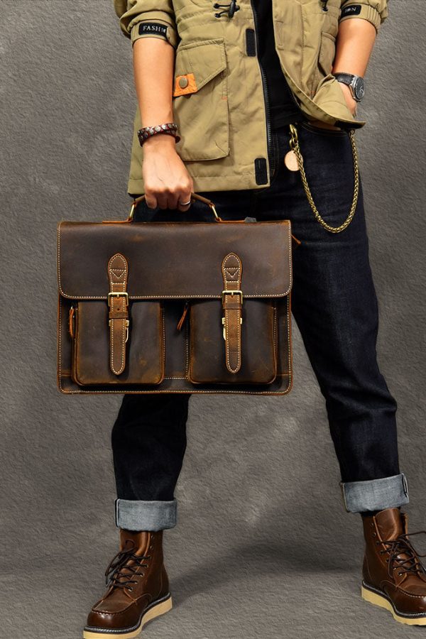 Vintage Brown Postman Pockets Fine Calf Leather Man's Tote Handbag