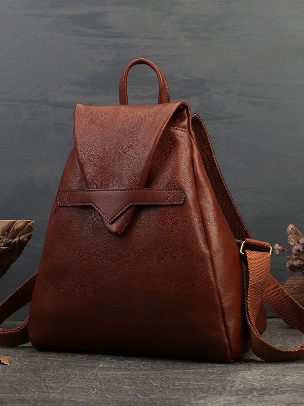 Vintage Brown Solid Color Calf Leather Backpack Bag