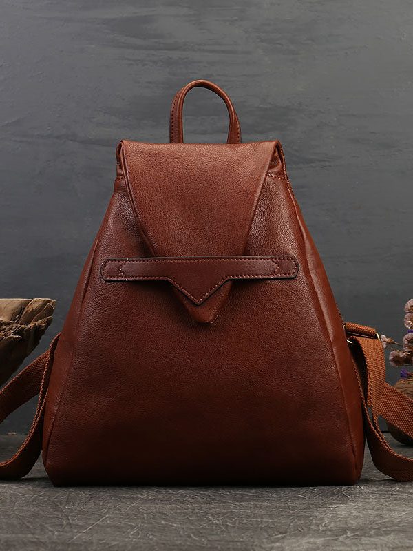 Vintage Brown Solid Color Calf Leather Backpack Bag