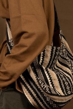 Vintage Brown Stripe Zippered Embroideried Linen Messenger Bag