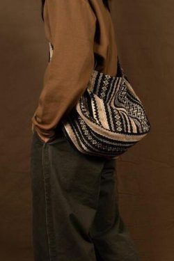 Vintage Brown Stripe Zippered Embroideried Linen Messenger Bag
