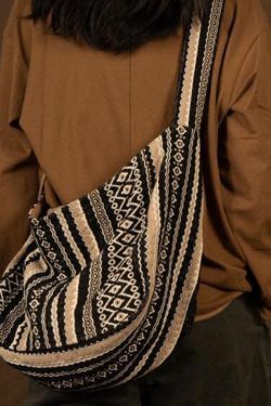 Vintage Brown Stripe Zippered Embroideried Linen Messenger Bag