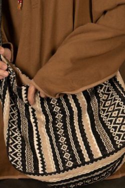 Vintage Brown Stripe Zippered Embroideried Linen Messenger Bag