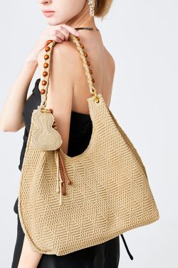 Vintage Brown Tasseled Nail Bead Cotton Shoulder Bags