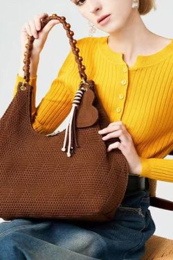 Vintage Brown Tasseled Nail Bead Cotton Shoulder Bags