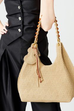 Vintage Brown Tasseled Nail Bead Cotton Shoulder Bags