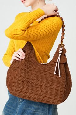 Vintage Brown Tasseled Nail Bead Cotton Shoulder Bags